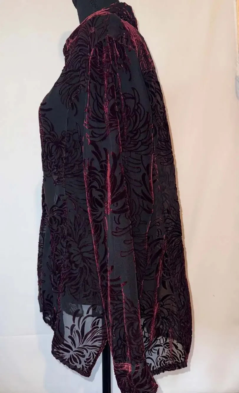 Chico's Black and Burgundy Floral Burnout Velvet Button-Down Shirt WhimsyGoth - Picture 4 of 12